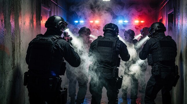 Tactical police officers advance through smoke filled hallway. Red blue lights flash as team moves cautiously using flashlights and weapons. Law enforcement operation in dark interior space.