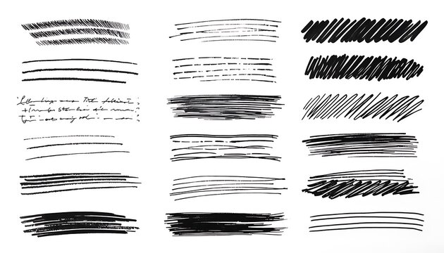 Black felt pen marker scribbles and hand drawn underline strokes on white background