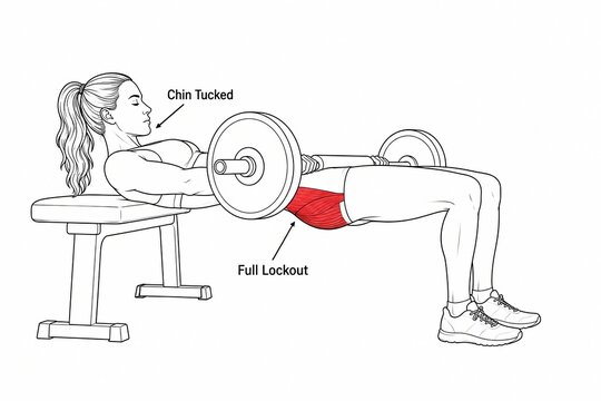 Correct hip thrust technique illustrated showing chin tucked posture and complete hip extension