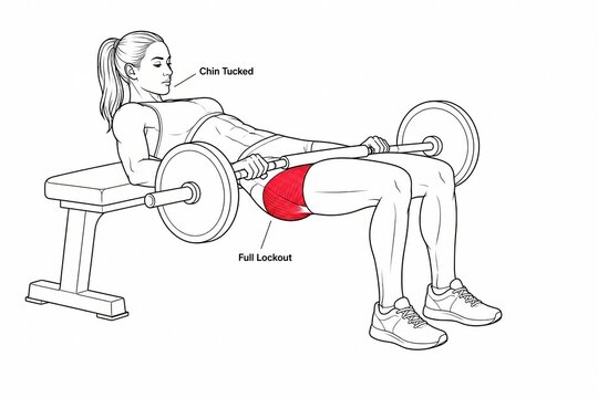 Woman performing barbell hip thrust with glutes highlighted and full lockout position labeled
