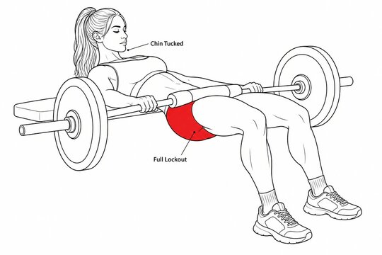 Line art fitness diagram of a weighted hip thrust exercise using a bench and barbell