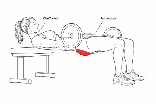 Glute muscle activation shown during barbell hip thrust strength training exercise on bench
