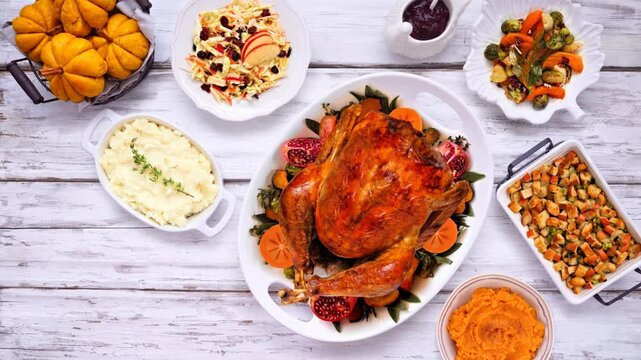 Thanksgiving turkey dinner. Stop motion animation table setting. Top down view on a white wood table background. Turkey, mashed potatoes, stuffing, pumpkin pie and sides.