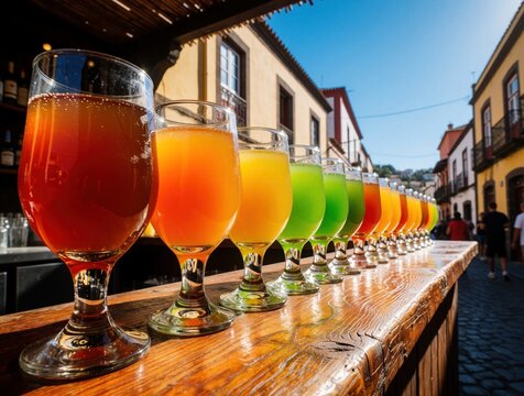 Row of colorful Poncha drinks on wooden bar counter. Traditional alcoholic beverages from Madeira island. Refreshing citrus cocktails with fruit juice served under clear blue sky.