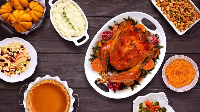 Thanksgiving turkey dinner. Stop motion table setting, loopable video. Overhead view on a rustic dark wood table background. Turkey, mashed potatoes, stuffing, pumpkin pie and sides.