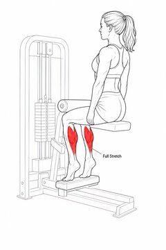 Correct seated calf raise technique illustrated showing full stretch at bottom position