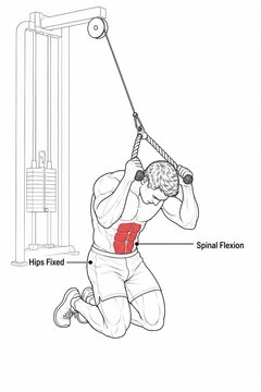 Man performing kneeling cable crunch exercise with abdominal muscles highlighted showing spinal flexion