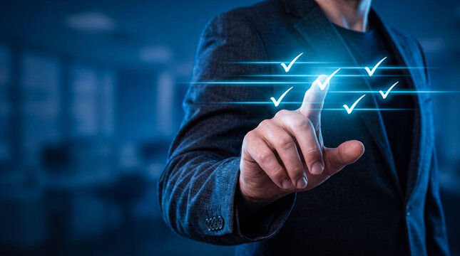 Executive man pointing finger at multiple glowing blue check marks on virtual screen representing efficient task management and completed objective milestones at work.