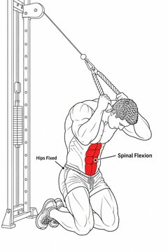 Correct cable crunch technique illustrated showing hips fixed and proper spinal flexion cues