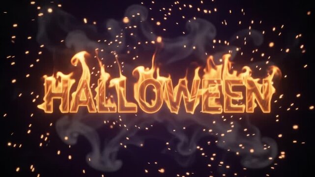 Happy halloween text made of fire with pumpkins