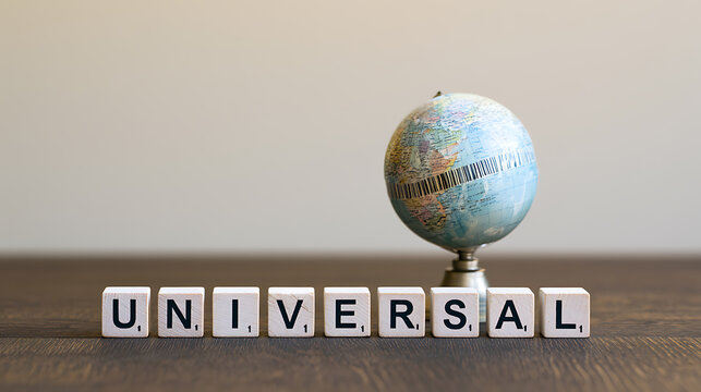 A small world globe with a barcode encircling it sits next to letter tiles spelling out the word universal on a wooden surface studio shot