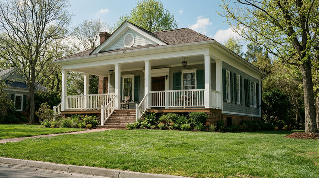 Upscale enclave features American foursquare with wide porch, white railings, and green shutters surrounded by large lawns and landscaped islands