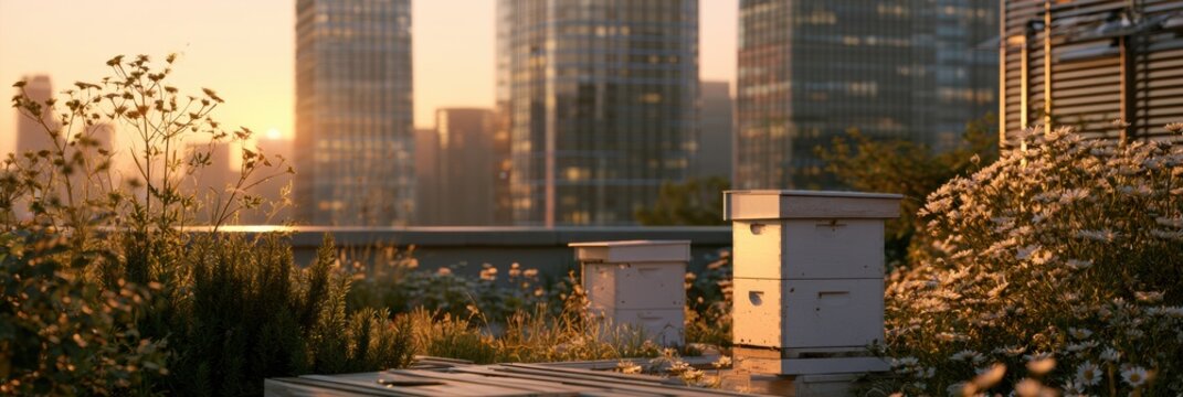 Beekeeping takes place on a rooftop with white Langstroth hives during golden hour. Skyscrapers and urban garden elements surround the hives.