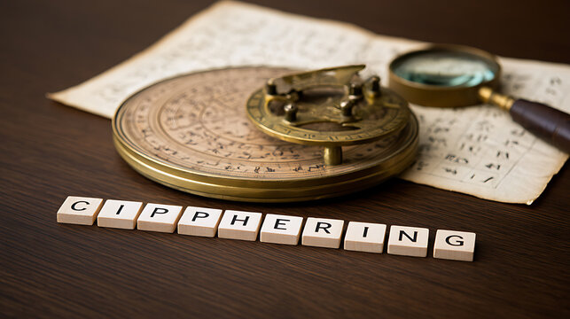 Ancient navigation instrument astrolabe and magnifying glass on vintage map with wooden letter tiles spelling the word cipher concept