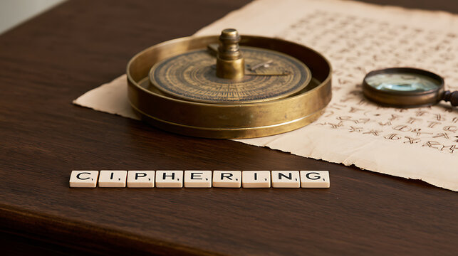 Vintage desk with brass navigational instrument, magnifying glass, old parchment document, and letter tiles spelling the word cipher