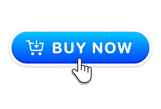 Hand pointing to blue buy now button with cursor