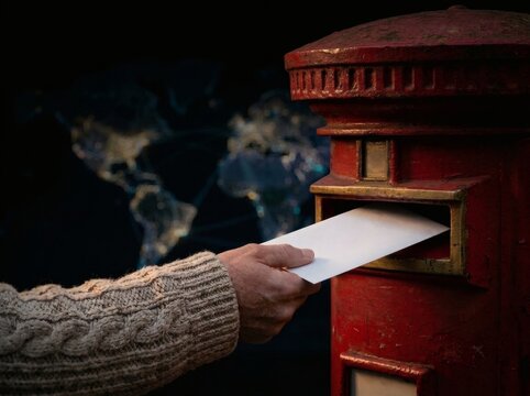 Hand in a knitted sweater placing a white envelope into a traditional red postbox with a blurred world map background.