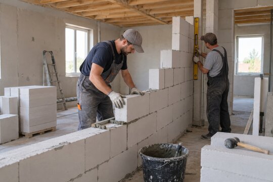 Trabajadores construyen una pared con bloques de cemento en una obra en progreso