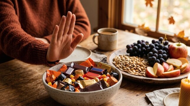 Person rejecting bowl of unhealthy candy snacks while sitting at wooden table next to fresh fruit plate with grapes and apples inside cozy home setting.
