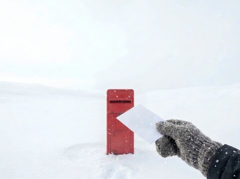 Person wearing knitted wool glove holding white envelope in front of red iconic british pillar post box amidst vast snowy landscape during winter season.
