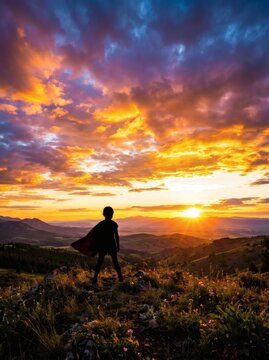 Silhouette of child standing on mountain top at sunset wearing superhero cape looking at vast landscape with colorful clouds and glowing sun in sky.