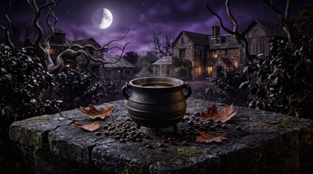Spooky halloween scene with steaming cauldron of black coffee on stone altar surrounded by autumn leaves and coffee beans under purple moonlit sky.