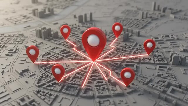 Geo-targeting and GPS location services converge on maps, pinpointed by glowing red connections