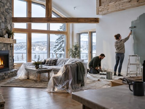 Pintar una habitaci&oacute;n en una casa con vista a un lago en un d&iacute;a nublado