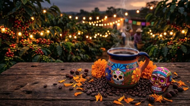 Vibrant Mexican style coffee mug on rustic table with coffee beans, marigolds and colorful sugar skulls for Day of the Dead celebration.