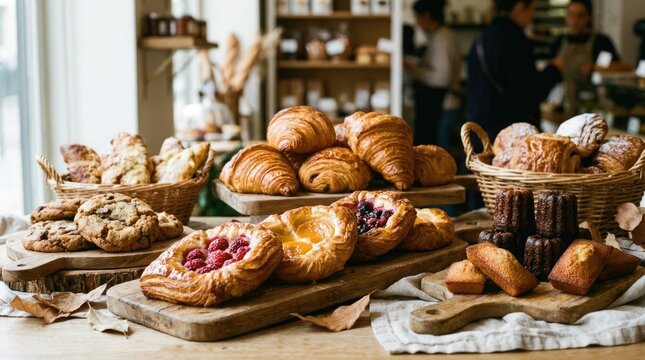 Abundant display of fresh pastries and breads in a charming european bakery window