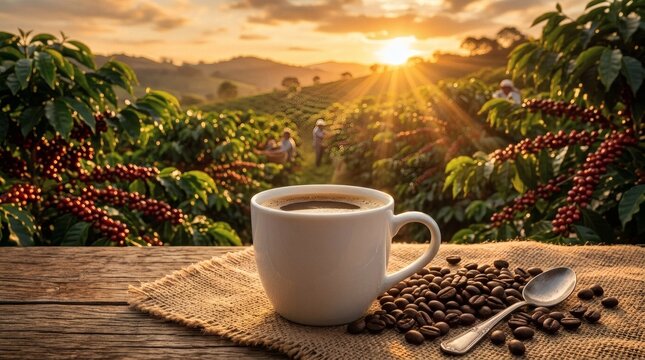 White coffee cup on burlap with coffee beans and spoon on wooden table overlooking sun-drenched coffee plantation harvest at sunrise.