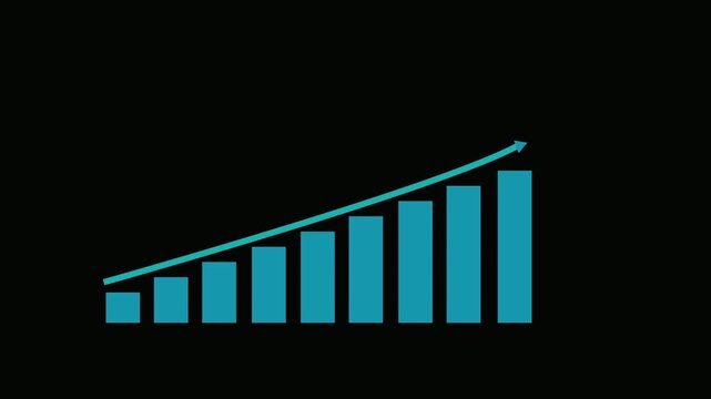 Teal bar graph with upward trending arrow showing business growth on a black background animation