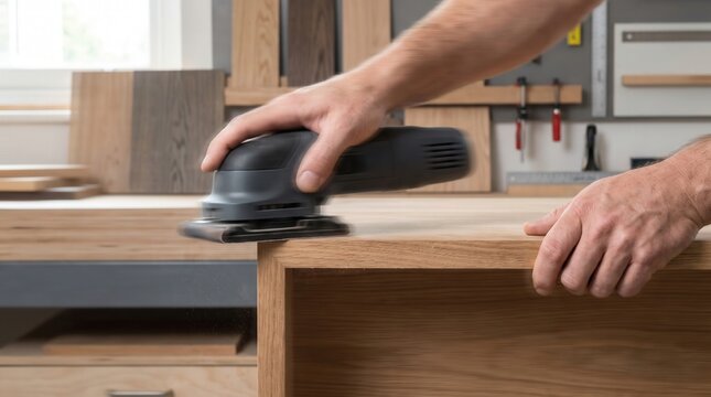 A skilled carpenter uses a professional electric palm sander to smooth the surface of a wooden furniture piece while working inside a busy workshop full of various lumber materials and hand tools