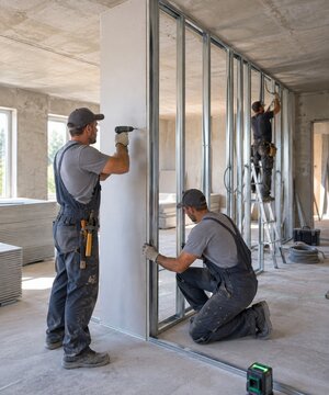 Trabajo de construcci&oacute;n en un edificio en construcci&oacute;n con trabajadores montando paredes