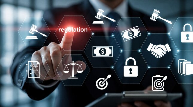 Man touches screen displaying icons for regulation and law. Business concepts like finance, compliance, and ethics are illustrated digitally.