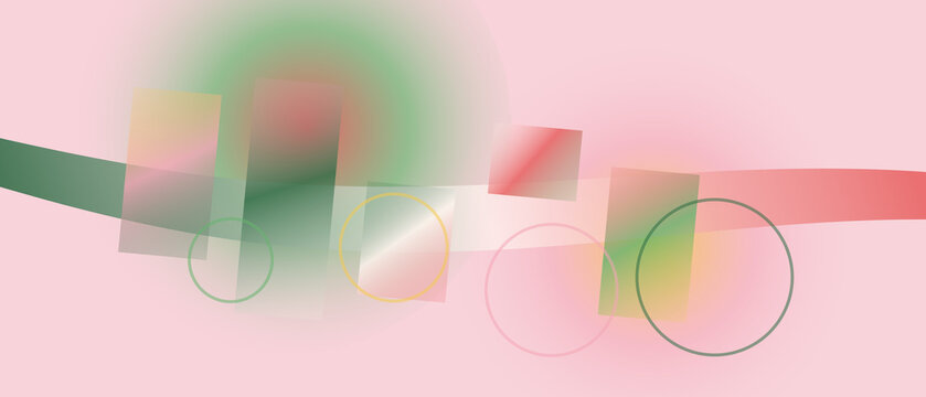 Minimalist abstract with soft green and pink gradient rectangles and thin circular outlines on a pale pink backdrop