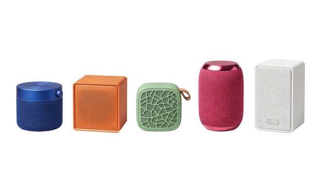 Set of five colorful portable wireless bluetooth speakers on white background with bluetooth speaker audio device white background