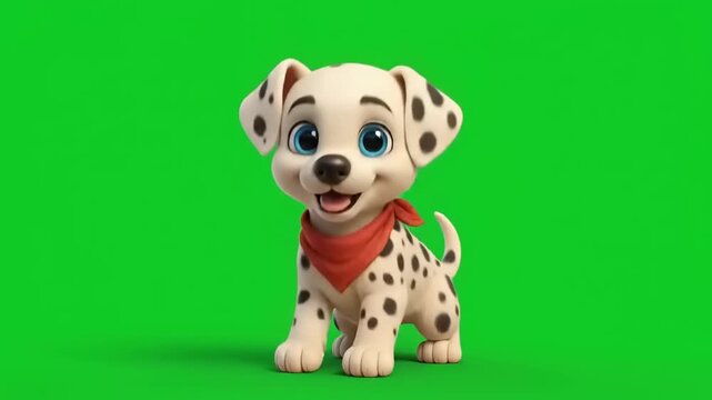 Cute animated spotted puppy smiling on a green screen for animal dancing videos