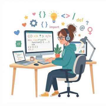 Woman programming and coding on computer