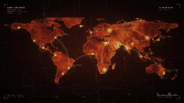 Global network map in amber, glowing dotted world map with city nodes, connection arcs and HUD data labels on dark
