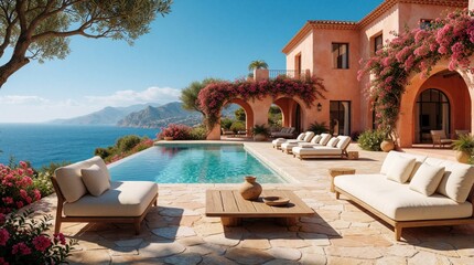 Fototapeta premium Luxury villa with infinity pool overlooking ocean. Orange stucco house features arches, pink flowers, comfortable patio furniture. Relaxing seaside resort with mountain backdrop perfect for vacation.