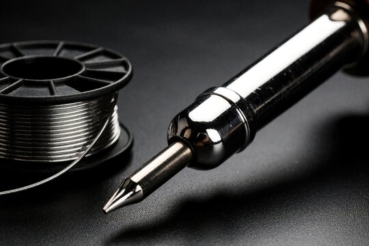 Close up of soldering iron, metal solder wire spool on black background. Professional electronic repair tools for melting tin alloy. Electrician equipment for fixing circuit board components, metal