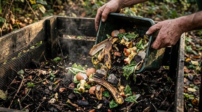 Man emptying organic food waste into garden compost bin