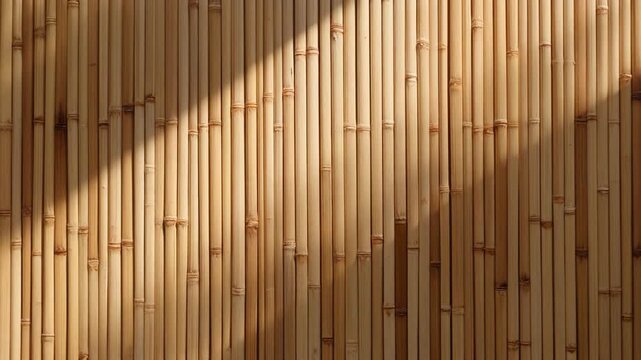 A close-up view of a natural bamboo wall panel with soft sunlight and shadows falling across the texture