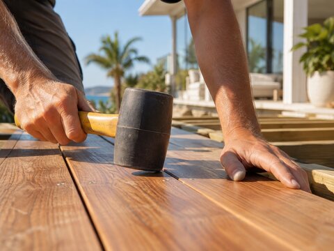 Trabajo de construcci&oacute;n en una terraza con un mazo
