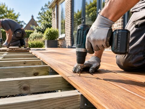 Trabajo de construcci&oacute;n en un patio al aire libre en un d&iacute;a soleado