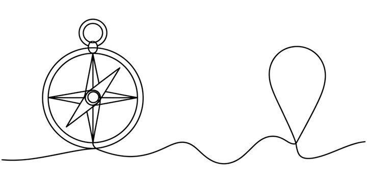 Continuous single line drawing of a compass and a location map pin icon isolated on a white background Vector, illustration