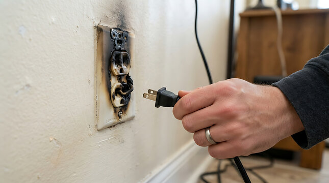 Hand holding an electrical plug near a burnt and damaged wall outlet
