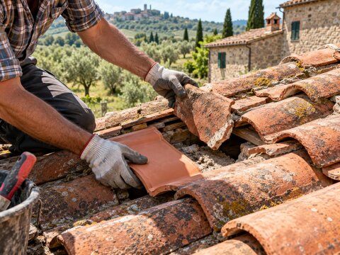 Trabajo en la reparaci&oacute;n del tejado con tejas en una casa rural durante el d&iacute;a
