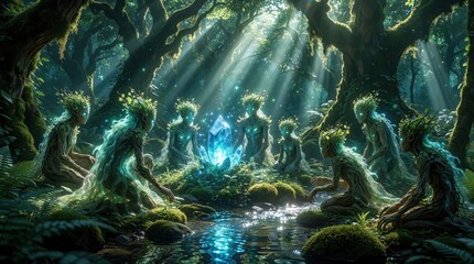 Fototapeta premium Mythical forest spirits gather around glowing blue crystal in enchanted woods. Dryads, wood nymphs perform magic ritual near river stream. Sunbeams shine through ancient trees in mystical grove.